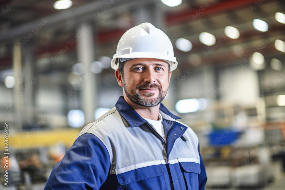 A man wearing protective clothing is smiling in an industrial warehouse. A man wearing protective clothing is smiling in an industrial warehouse.