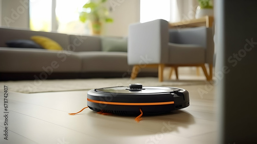 Selective focus of robotic vacuum removing dust from carpet while Pakistani homeowner utilizing laptop at writing desk,Generated Ai