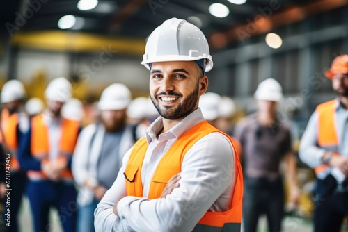 A man wearing protective clothing is smiling in an industrial warehouse.