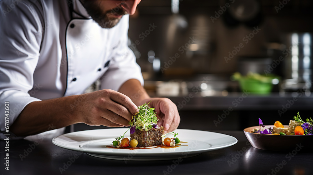 Chef garnishing exquisite plate of food. Chef garnishing exquisite plate of food.