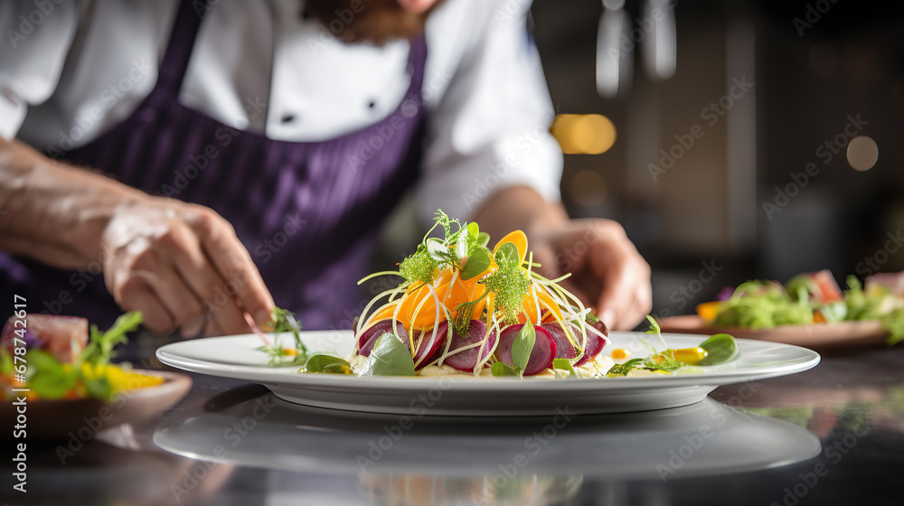 Chef garnishing exquisite plate of food. Chef garnishing exquisite plate of food.