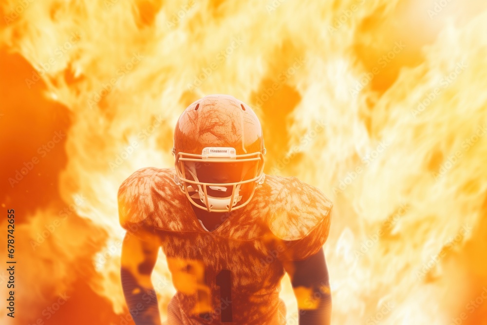 Cinematic Footballer Blaze: Experience the Dynamic Explosion of an American Football Helmet and Player, Flames Dancing, Illuminated in Cinematic Light, Symbolizing Fiery Athletic Triumph Cinematic Footballer Blaze: Experience the Dynamic Explosion of an American Football Helmet and Player, Flames Dancing, Illuminated in Cinematic Light, Symbolizing Fiery Athletic Triumph
