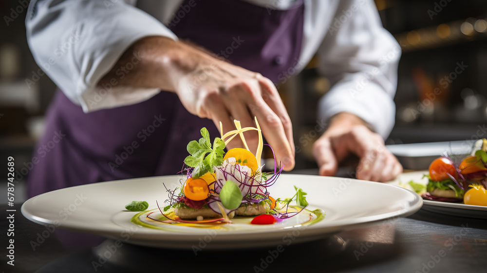 Chef garnishing exquisite plate of food. Chef garnishing exquisite plate of food.