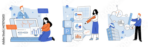 Business process. Vector illustration. Planning and taking action are key to achieving business targets The business process metaphor helps visualize complex operations Occupation in commercial sector