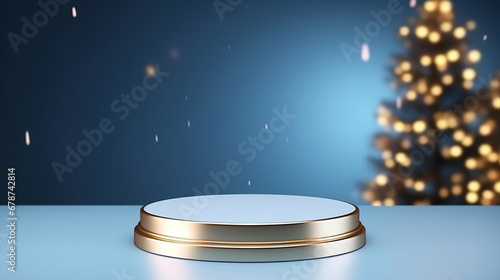 Christmas composition with empty round cylinder platform podium for product or cosmetics presentation on blue background with bokeh. Minimal composition background. Front view.