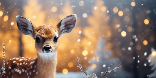 Cute little deer on snowy background, Merry Christmas, winter holidays. Generative AI