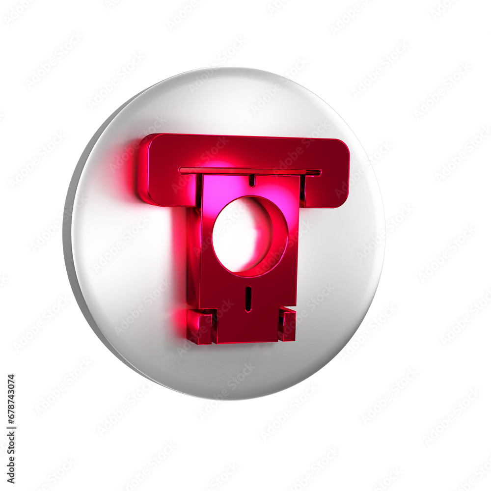 Red ATM - Automated teller machine and money icon isolated on transparent background. Silver circle button. Red ATM - Automated teller machine and money icon isolated on transparent background. Silver circle button.
