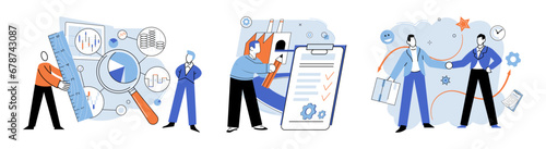 Quality control. Vector illustration. The quality control concept emphasizes need for consistent quality throughout production Examining product samples provides valuable quality insights Analyzing