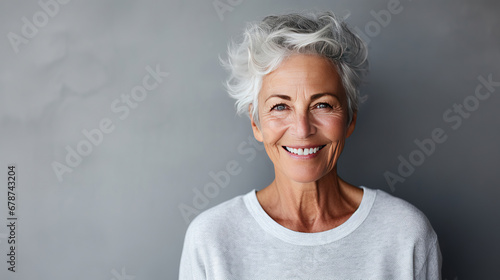 Close up portrait of beautiful older woman smiling and standing by grey wall. photo