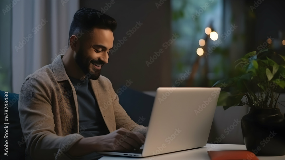 Selective focus of empty black credit card held by cheerful indian man taking seat in cozy workplace at home,Generated Ai Selective focus of empty black credit card held by cheerful indian man taking seat in cozy workplace at home,Generated Ai