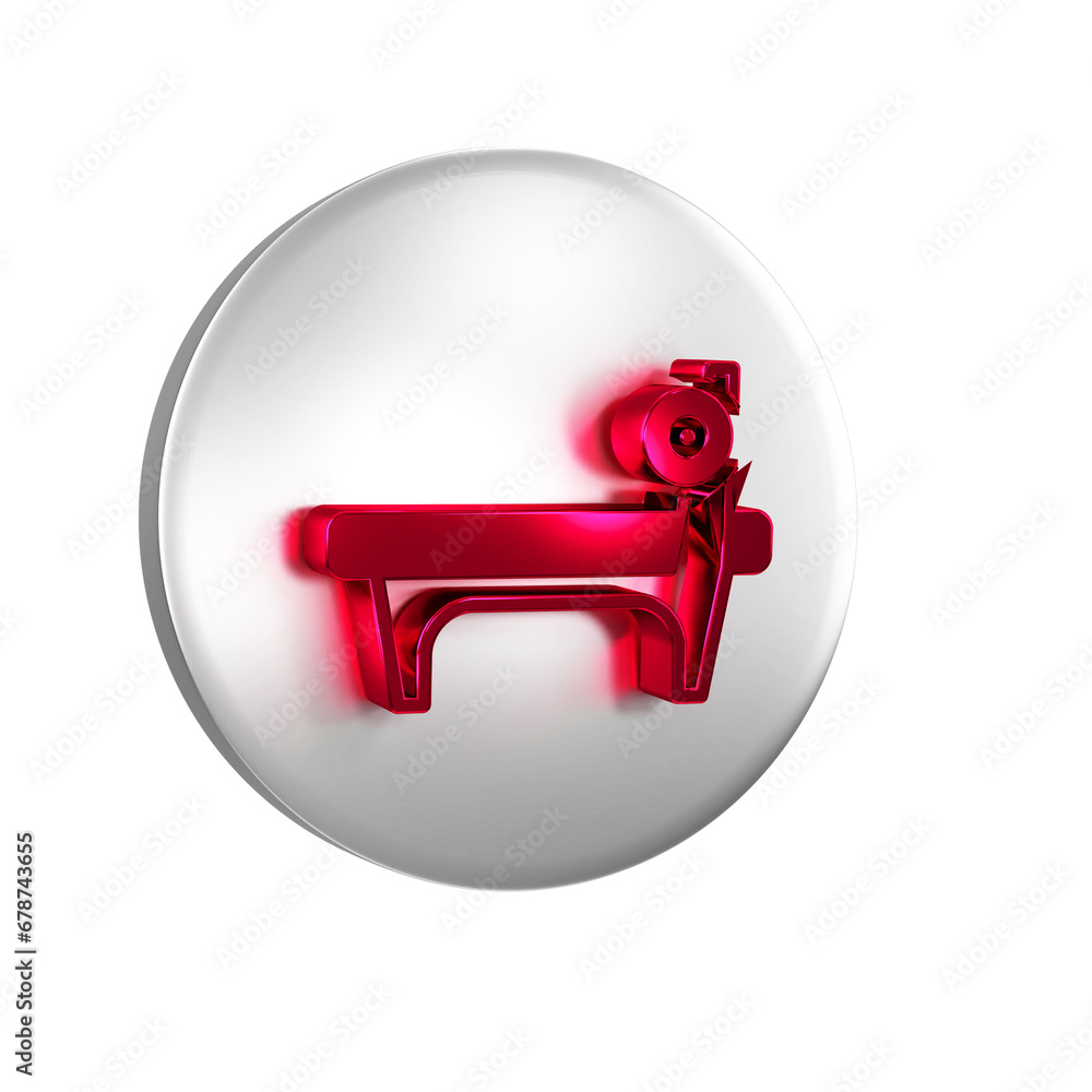 Red Bench with barbel icon isolated on transparent background. Gym equipment. Bodybuilding, powerlifting, fitness concept. Silver circle button. Red Bench with barbel icon isolated on transparent background. Gym equipment. Bodybuilding, powerlifting, fitness concept. Silver circle button.