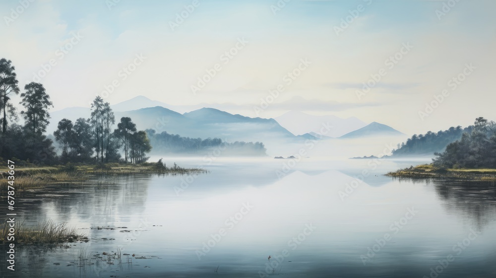  a painting of a lake in the middle of a forest with a mountain range in the distance in the distance is a body of water with trees in the foreground.