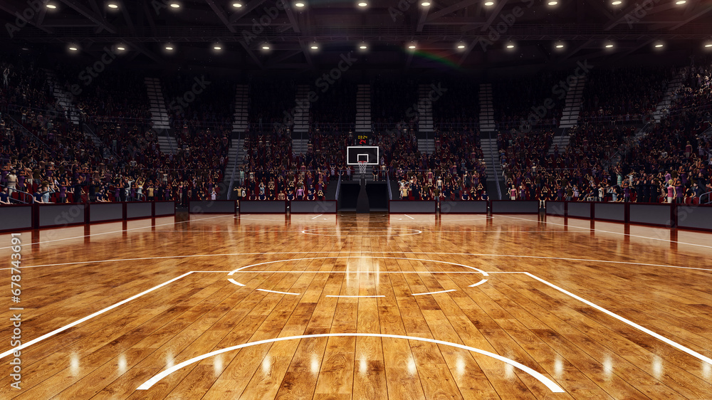 3D rendering illustration. Empty basketball field, court, arena, stadium with crowdy of people stages. Fans on tribunes waiting favorite team before game. - obrazy, fototapety, plakaty 