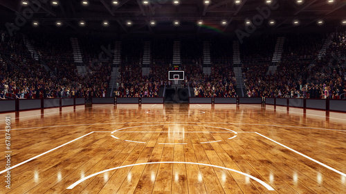 3D rendering illustration. Empty basketball field, court, arena, stadium with crowdy of people stages. Fans on tribunes waiting favorite team before game. photo