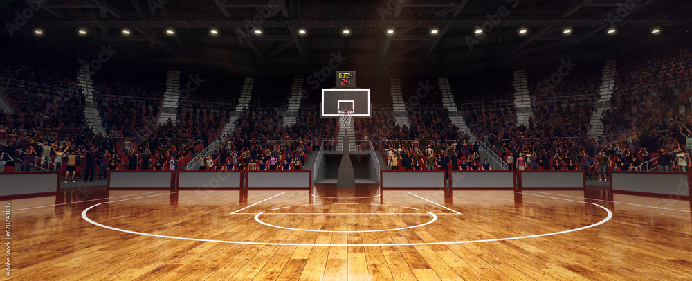 View of sport field, basketball playground, court with indoor spotlights for game, competition. Stages full of fans. 3D rendering illustration. - obrazy, fototapety, plakaty 