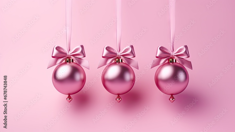  a pink christmas ornament with a bow hanging from it's side and three other ornaments hanging from the side of the ornament, on a pink background.