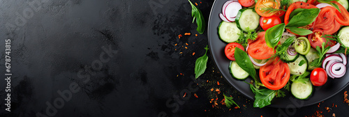 Healthy vegetable salad of fresh tomato, cucumber, onion, spinach, lettuce and sesame on plate. Diet menu. Top view. Free space for banner. © Santy Hong