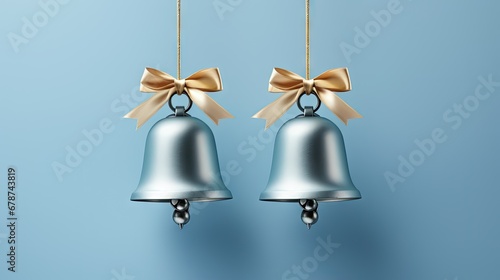  a bell with a bow hanging from it's side on a blue background with a gold ribbon on the end of the bell and a gold bow on the end of the bell. © Shanti