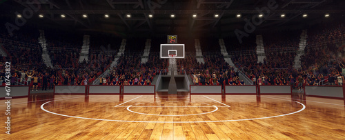 View of sport field, basketball playground, court with indoor spotlights for game, competition. Stages full of fans. 3D rendering illustration.