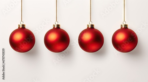  a row of red christmas balls hanging from a line of gold colored strings on a white background with copy space for a text ornament ornament ornament.