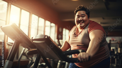 Obesity asian man in the gym working on losing weight. 