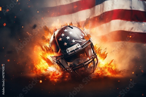 Patriotic Helmet Inferno: Witness the Explosive Unveiling of an American Football Helmet, Flames Surrounding the USA Flag, in Cinematic Light, a Symbolic Spectacle of Athletic Power © Martin