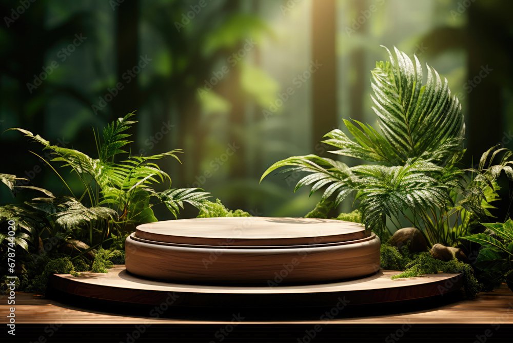 Wooden round podium for the display and demonstration of cosmetic organic products against the background of the forest Wooden round podium for the display and demonstration of cosmetic organic products against the background of the forest