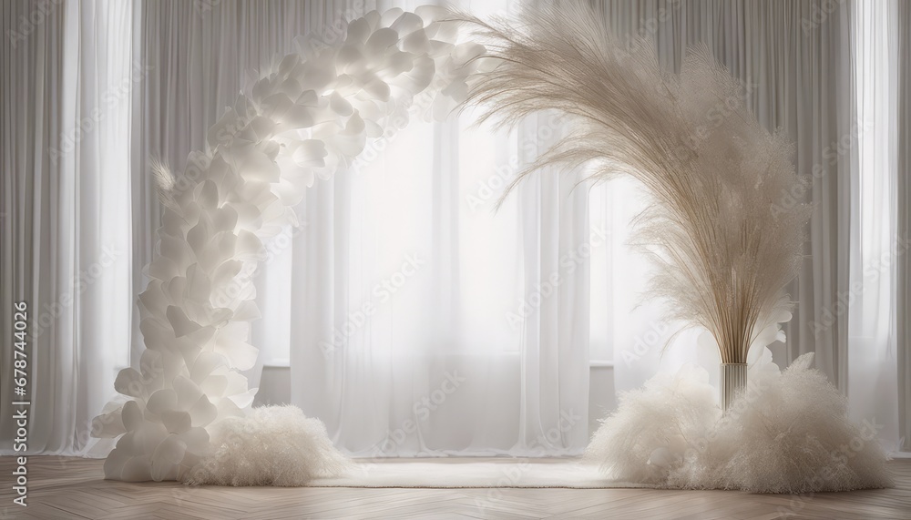 Backdrop of white boho minimalist room with arch and flowing white curtains, white wedding flowers, oversize white pampas grass, oversize white ginko flowers, white floring, volumetric ligh Backdrop of white boho minimalist room with arch and flowing white curtains, white wedding flowers, oversize white pampas grass, oversize white ginko flowers, white floring, volumetric ligh