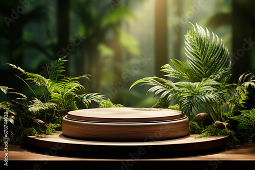 Wooden round podium for the display and demonstration of cosmetic organic products against the background of the forest