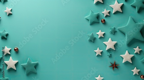  a group of white and red stars on a teal green background with a golden ornament in the middle of the star, surrounded by smaller white and red and white stars.