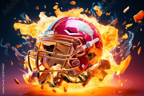 Flames of Victory  A Cinematic Display featuring an Exploding American Football Helmet  Flames Engulfing in Cinematic Light  Capturing the Dynamic Energy and Pride of Athletic Triumph