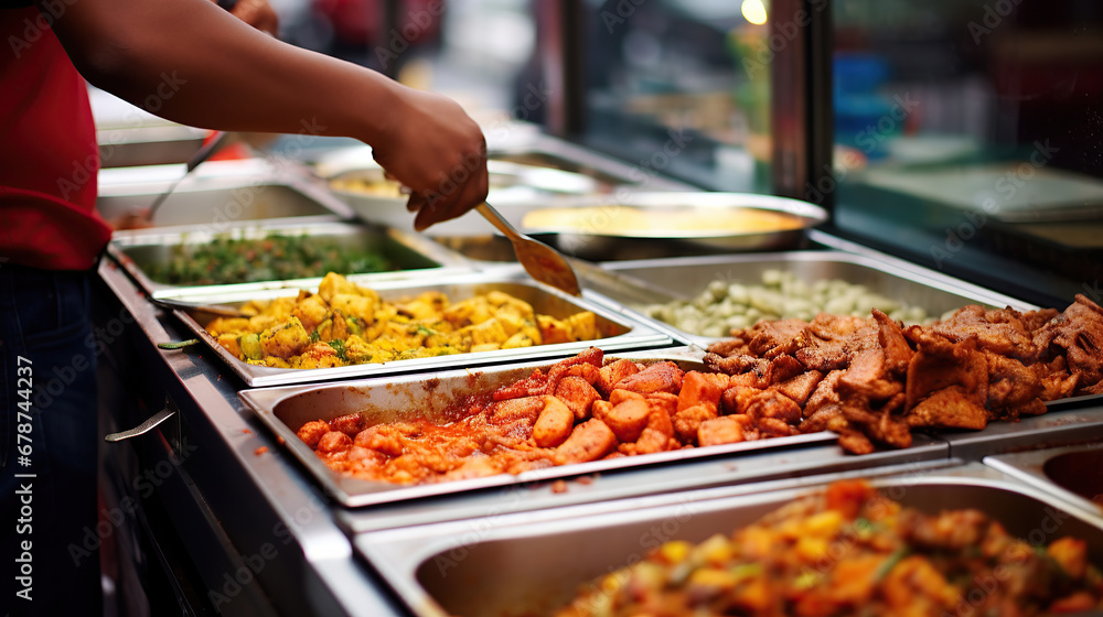 Obraz premium Oriental food - Indian takeaway at a London's market.