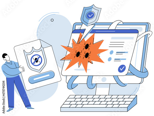Malware spyware virus. Vector illustration. An attack by trojccompromise security system Effective protection software is essential for defending against malware and spyware The danger hackers