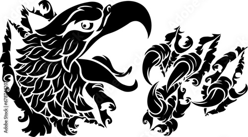 A bald eagle or hawk and claw with talons ripping or tearing through the background.