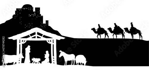 A Christmas nativity scene with baby Jesus in the manger  wise men and city of Bethlehem in the background