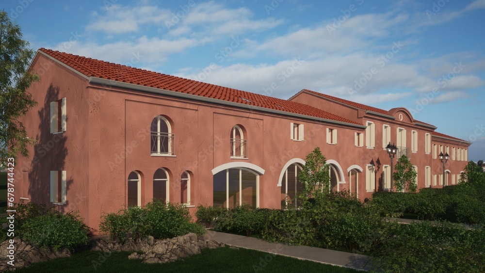 Modellazione 3D e rendering di edificio residenziale del tipo villa veneta