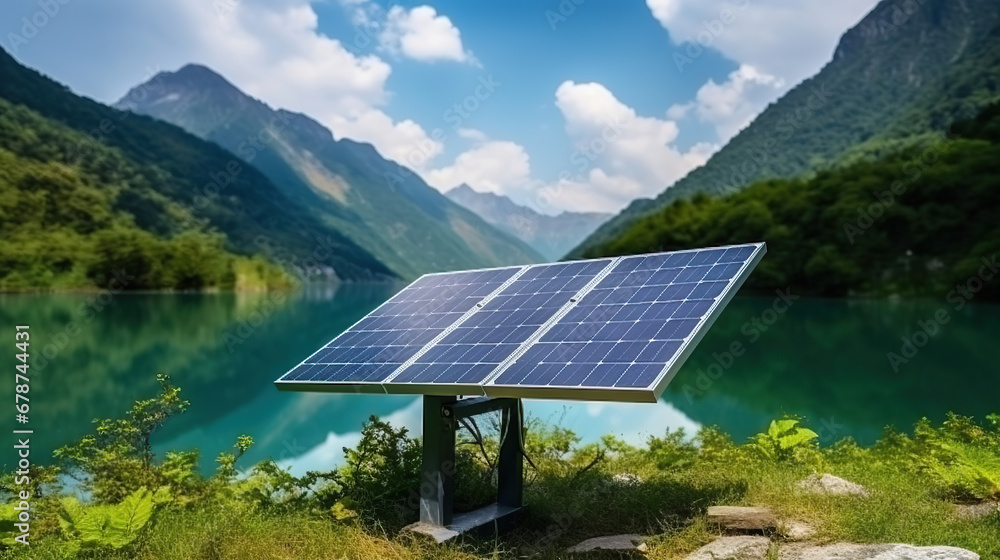 Portable solar panel for travel. Modern solar panel stands in beautiful natural environment, with mountain, lake and sky background.