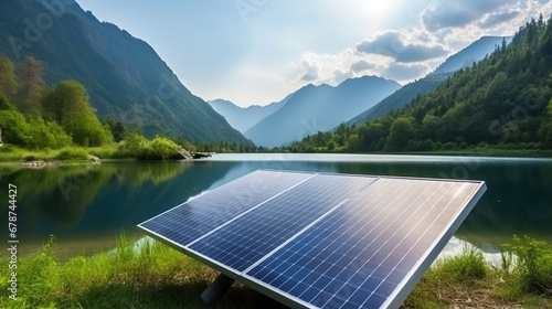 Portable solar panel for travel. Modern solar panel stands in beautiful natural environment, with mountain, lake and sky background.
