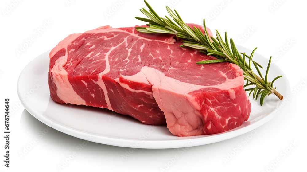 Raw steak of meat, slice of fresh raw beef isolated on white background with clipping path. Full Depth of field. Focus stacking.