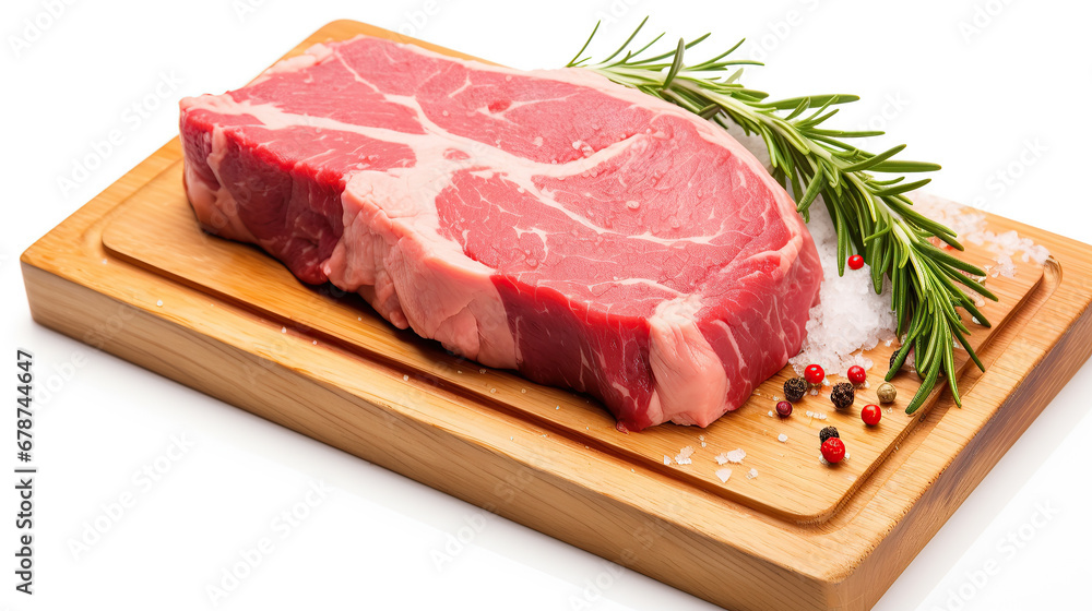 Raw steak of meat, slice of fresh raw beef isolated on white background with clipping path. Full Depth of field. Focus stacking.