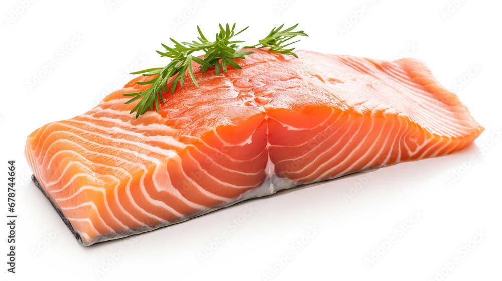 Raw steak of salmon, trout, slice of fresh raw fish isolated on white background with clipping path. Full Depth of field. Focus stacking. Raw steak of salmon, trout, slice of fresh raw fish isolated on white background with clipping path. Full Depth of field. Focus stacking.