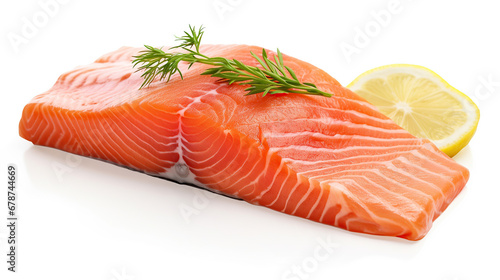 Raw steak of salmon, trout, slice of fresh raw fish isolated on white background with clipping path. Full Depth of field. Focus stacking.