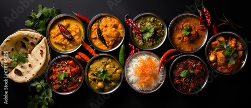 Top view of Assorted indian food on black background.