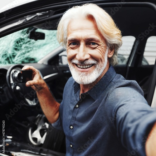 photo of senior man happy smiling with car crash accident, generative AI © Flash