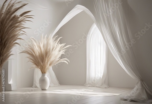 Backdrop of white boho minimalist room with arch and flowing white curtains, white wedding flowers, oversize white pampas grass, oversize white ginko flowers, white floring, volumetric ligh photo