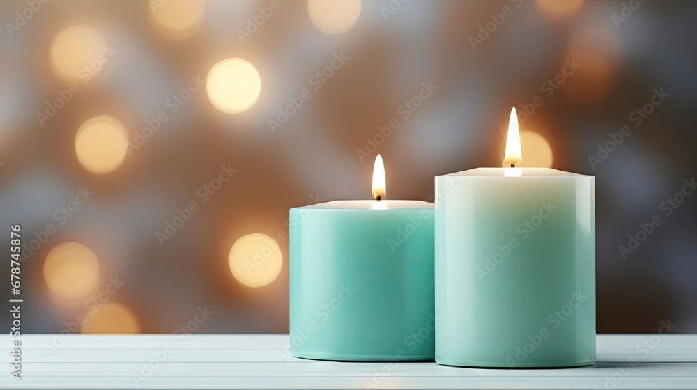  a close up of two lit candles on a table with blurry lights in the backround of the picture behind it and a blurry boke of lights in the background.