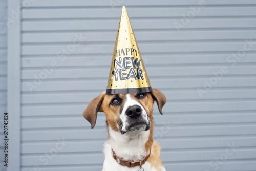 Adorable dog wearing Happy New Year party hat.