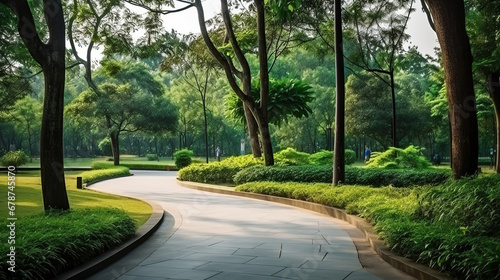 Walkway pathway in public park. Trail track in natural park for relaxing, walking, running