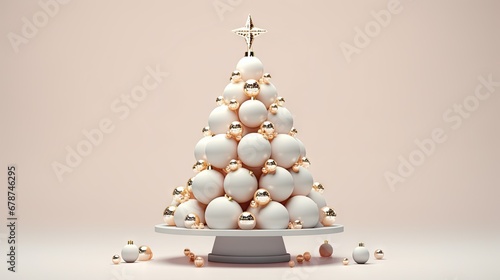  a christmas tree made out of white and gold baubles with a cross on top of one of the baubles is surrounded by other baubs.