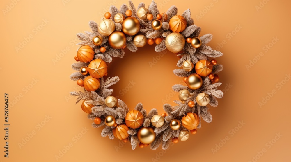 an orange and gold wreath with acorns, leaves, and acorns on an orange background with a place for the letter o in the center of the wreath. an orange and gold wreath with acorns, leaves, and acorns on an orange background with a place for the letter o in the center of the wreath.